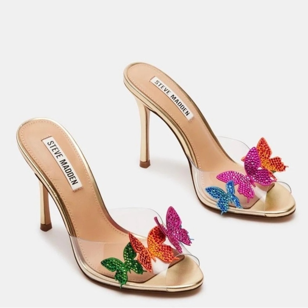 Steve Madden Gold Stiletto Mules with Multicolor Butterfly Gems